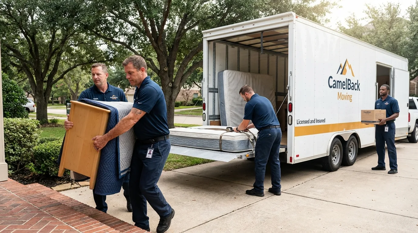 Crew loading residential truck for cross-state move from Modesto, CA