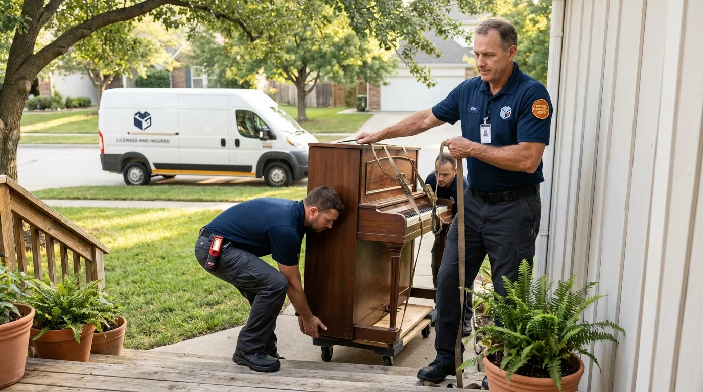 Licensed piano movers securing grand piano in Modesto, CA