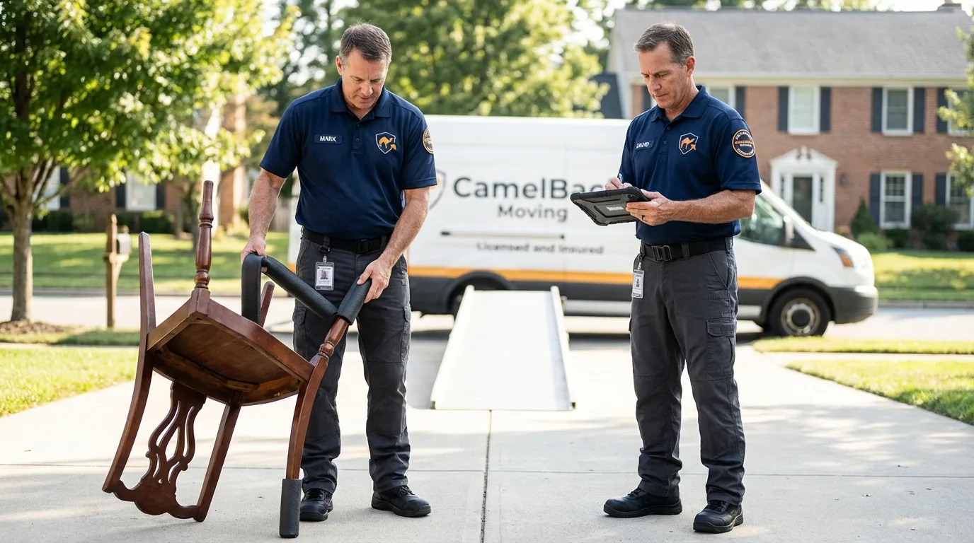 Movers inspecting furniture for damage prevention before loading in Modesto, CA