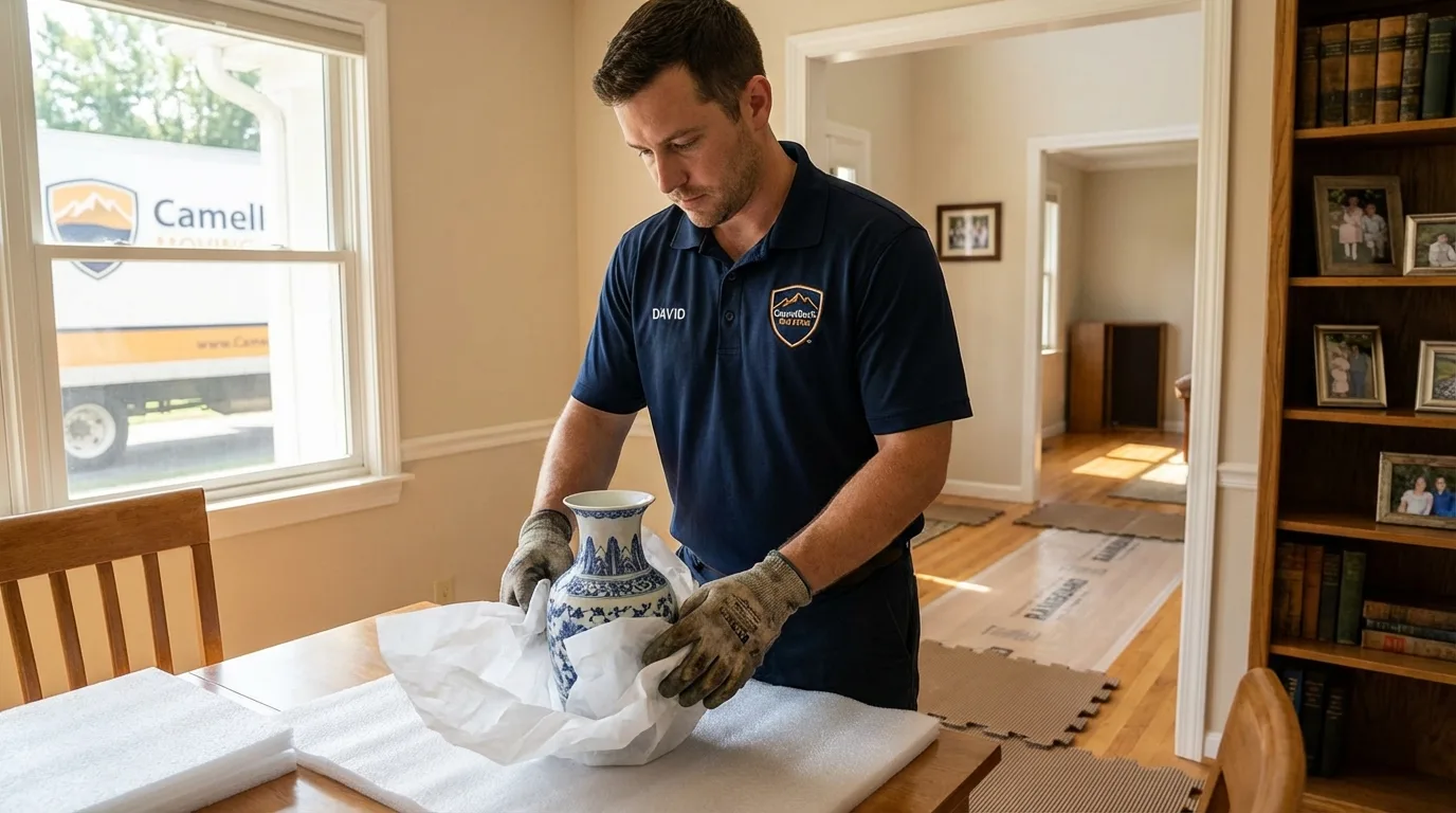 Professional crew carefully wrapping antique vase for senior downsizing move in Modesto, CA